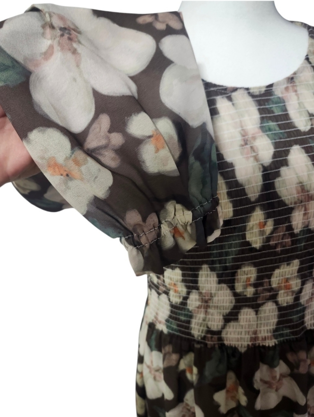 Jilly Box Floral Smocked Midi Dress in Brown and Cream - Picture 6 of 13